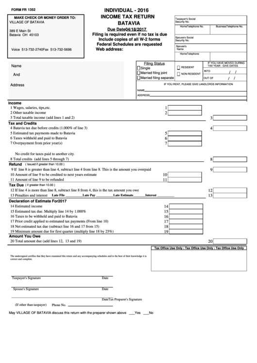 Form Fr 1352 Individual Tax Return Batavia 2016 printable