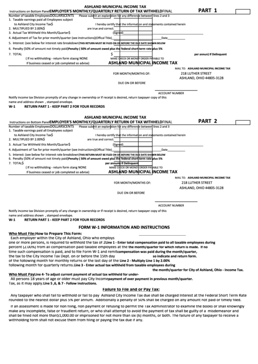 Form W1 Ashland Municipal Tax Employer'S Monthly/quarterly