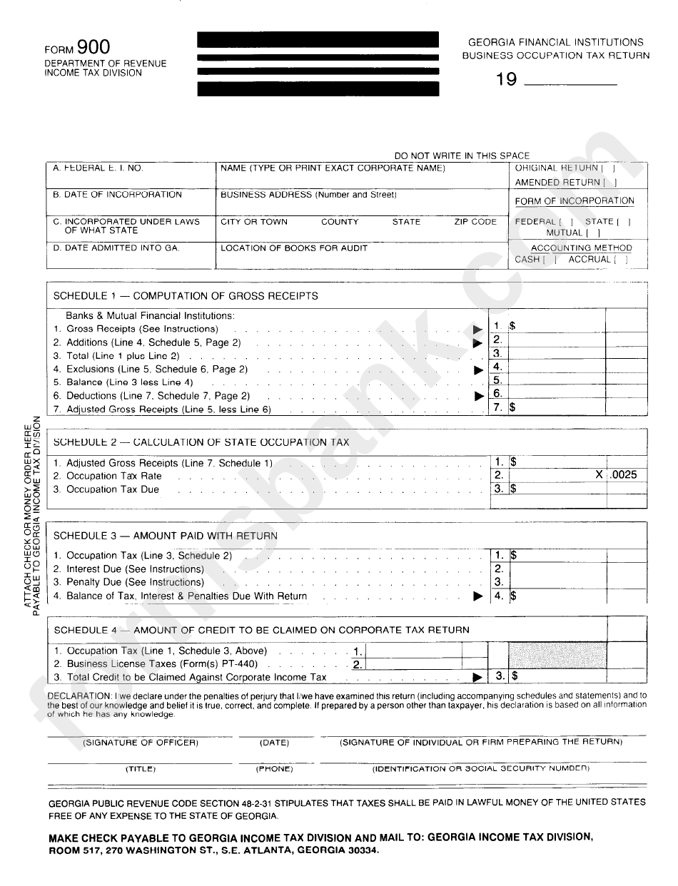 Form 900 Financial Institutuions Business Occupation Tax Return printable pdf download