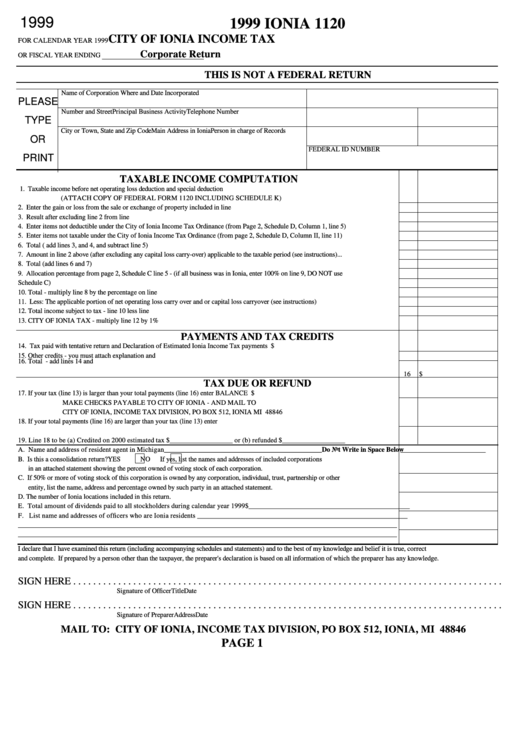 Form I1120 Tax Corporate Return City Of Ionia 1999 printable pdf download