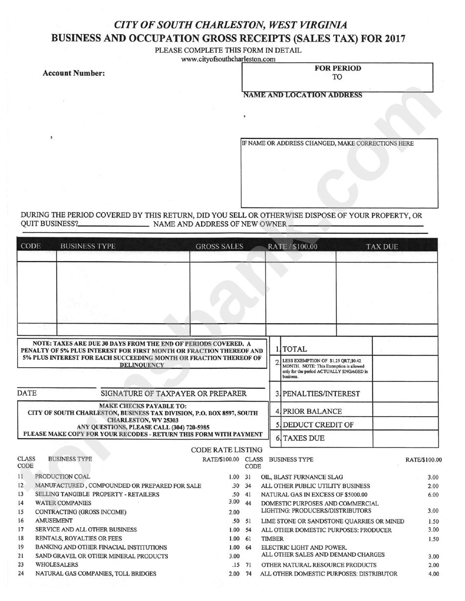 Business And Occupation Gross Receipts (Sales Tax) Form City Of South