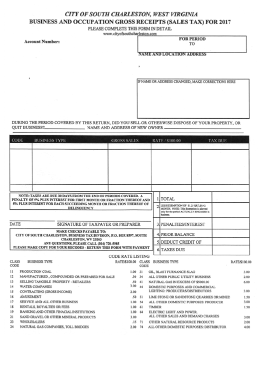Business And Occupation Gross Receipts (Sales Tax) Form City Of South