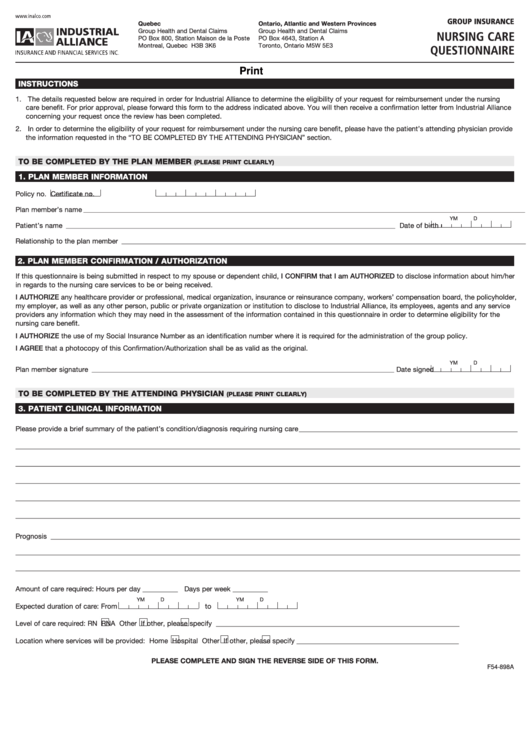 Fillable Nursing Care Questionnaire Group Insurance Form printable