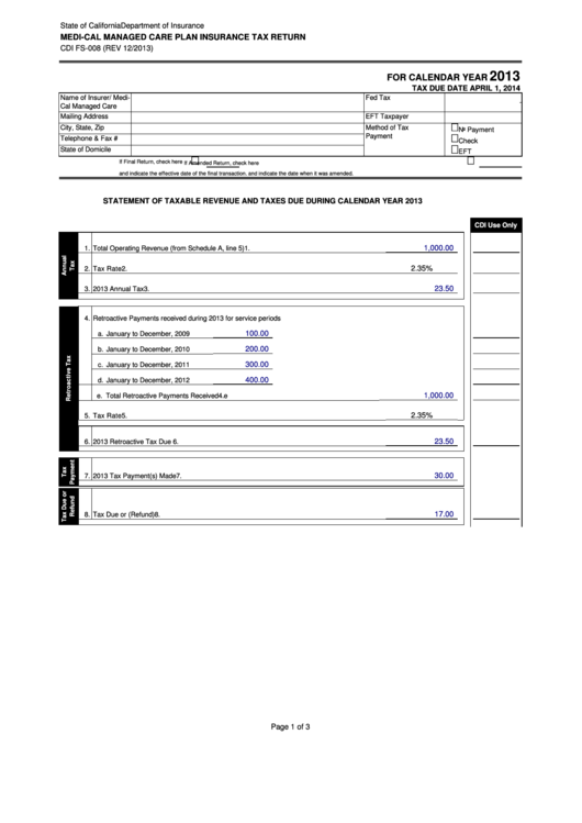 Form Cdi Fs008 MediCal Managed Care Plan Insurance Tax Return