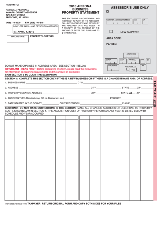 Fillable Form Dor 82520 Arizona Business Property Statement 2010