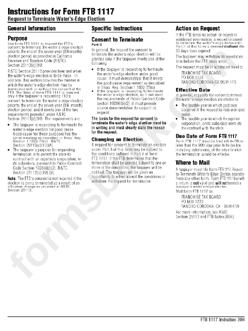 Instructions For Form Ftb 1117 Request To Terminate Water'SEdge