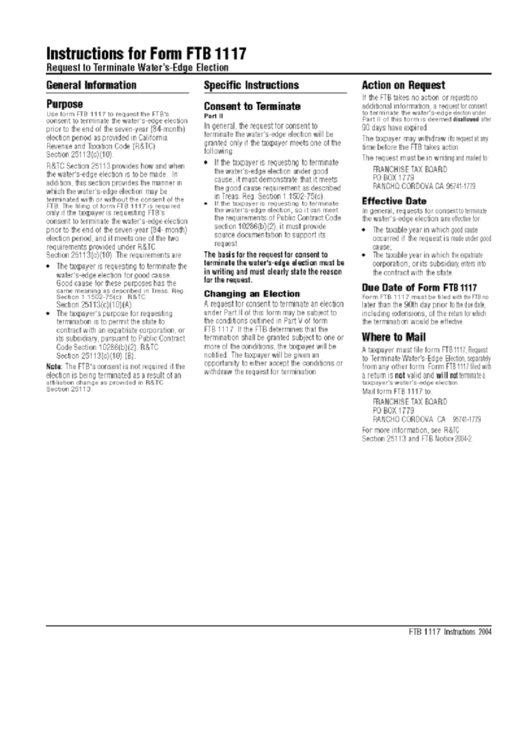 Instructions For Form Ftb 1117 Request To Terminate Water'SEdge
