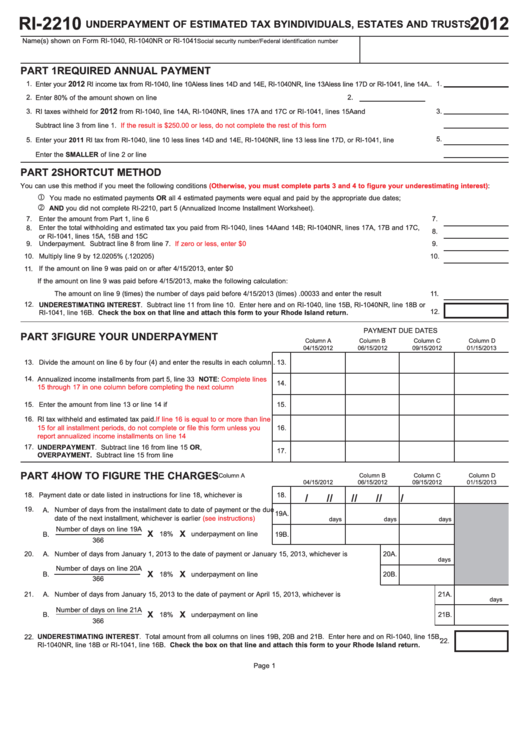 Form Ri2210 Underpayment Of Estimated Tax By Individuals, Estates And Trusts 2012 printable