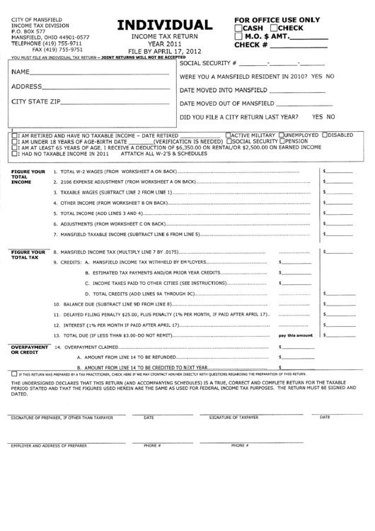 Individual Tax Return 2011 City Of Mansfield printable pdf