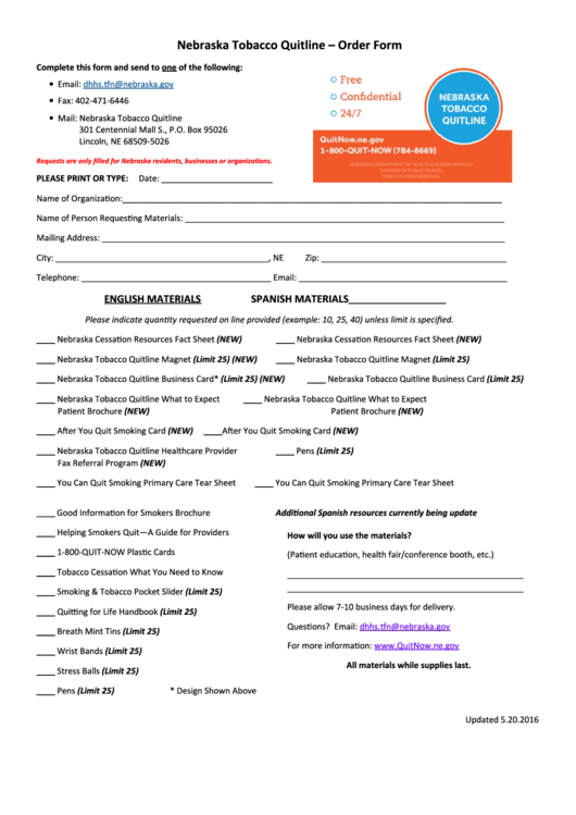 Nebraska Tobacco Quitline Order Form printable pdf download