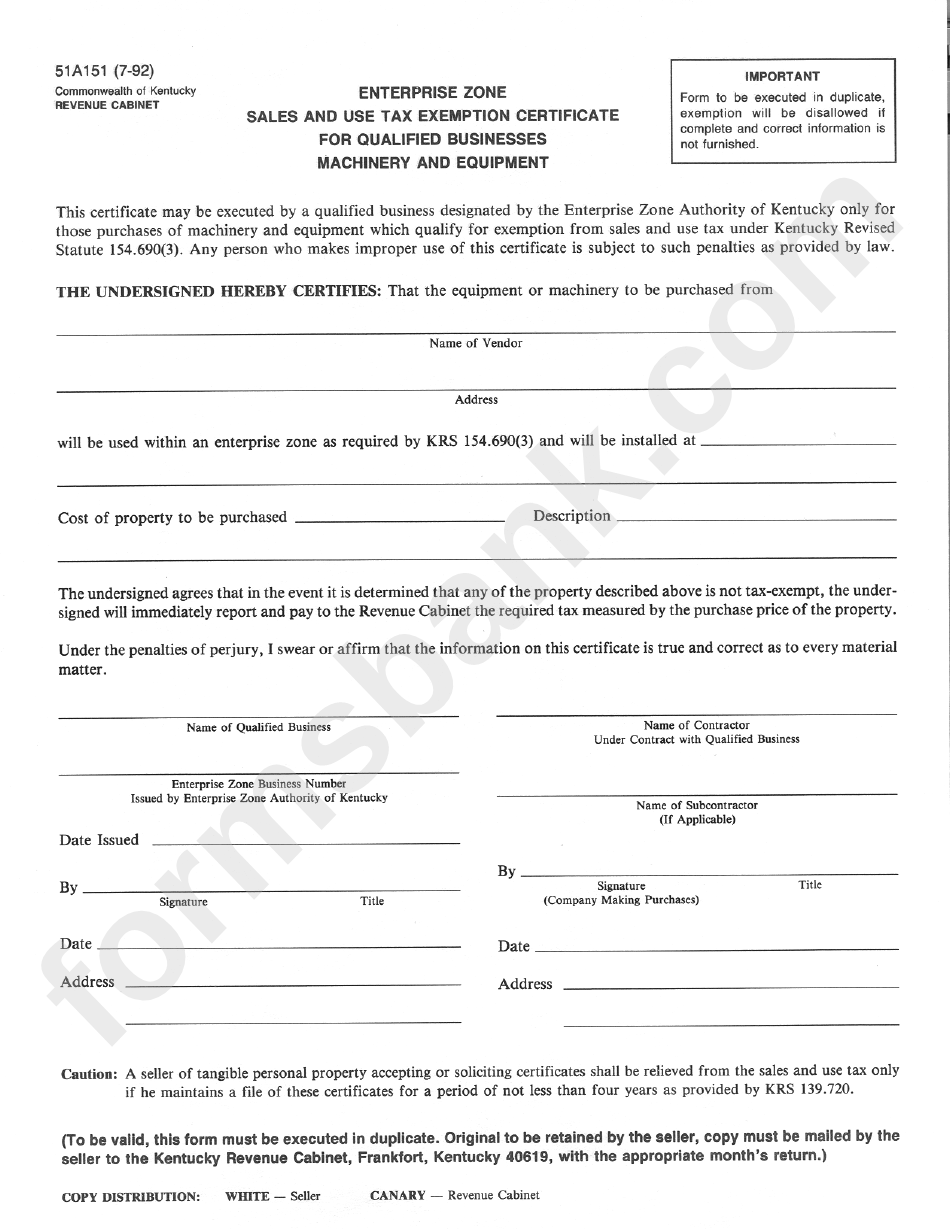 Form 51a151 Enterprise Zone Sales And Use Tax Exemption Certificate