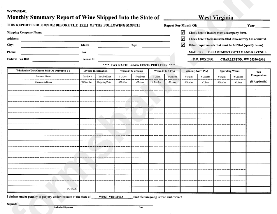 Form Wv/wne01 Monthly Summary Report Of Wine Shipped Into The State