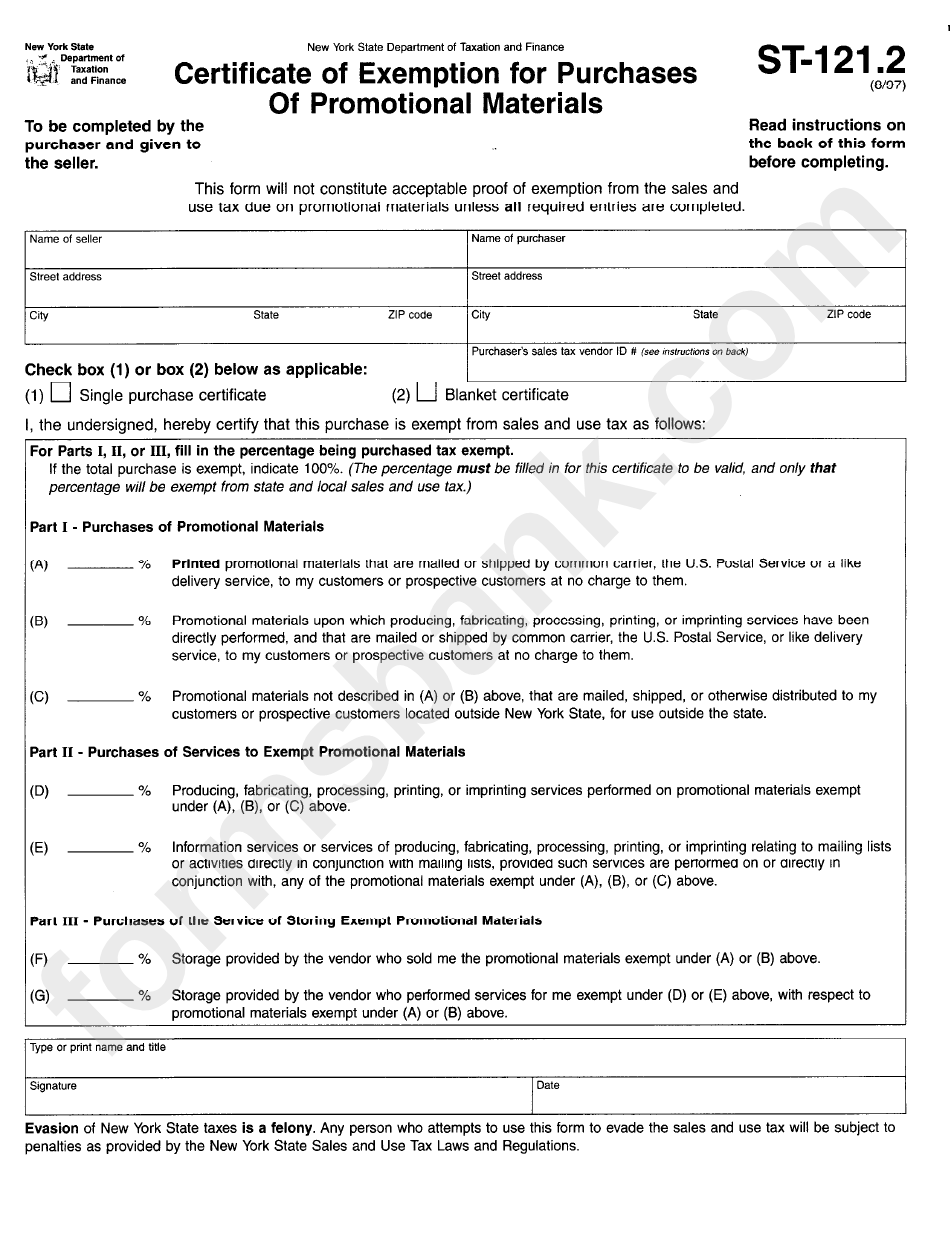 Form St121.2 - Certificate Of Exemption For Purchases Of Promotional