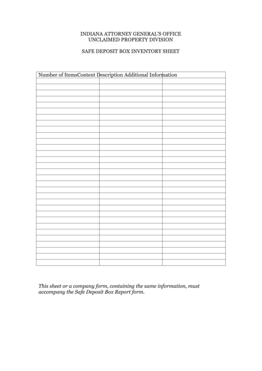 Fillable Safe Deposit Box Inventory Sheet Indiana Attorney General'S Office Unclaimed Property