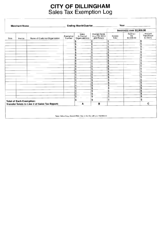 Sales Tax Exemption Log City Of Dillingham printable pdf download