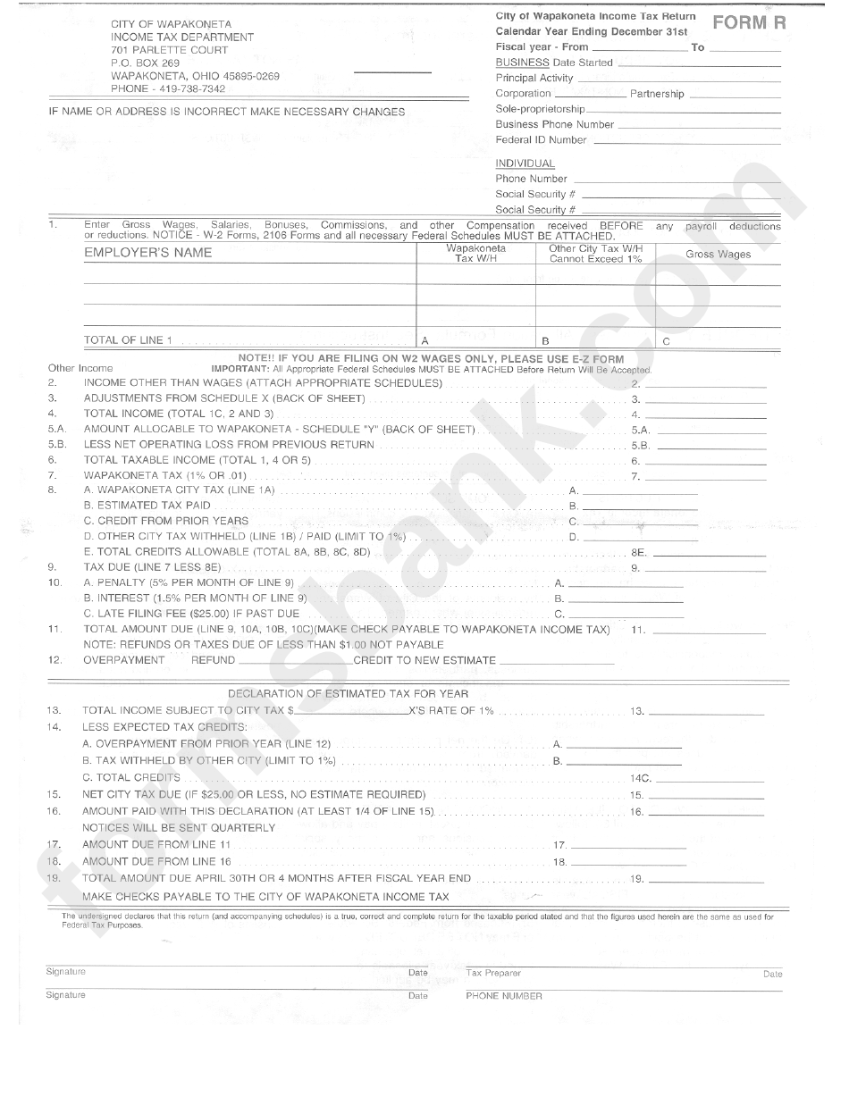Form R City Of Tax Return printable pdf download