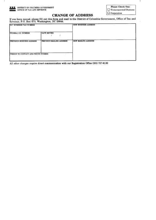 Fillable Change Of Address Form District Of Columbia Government