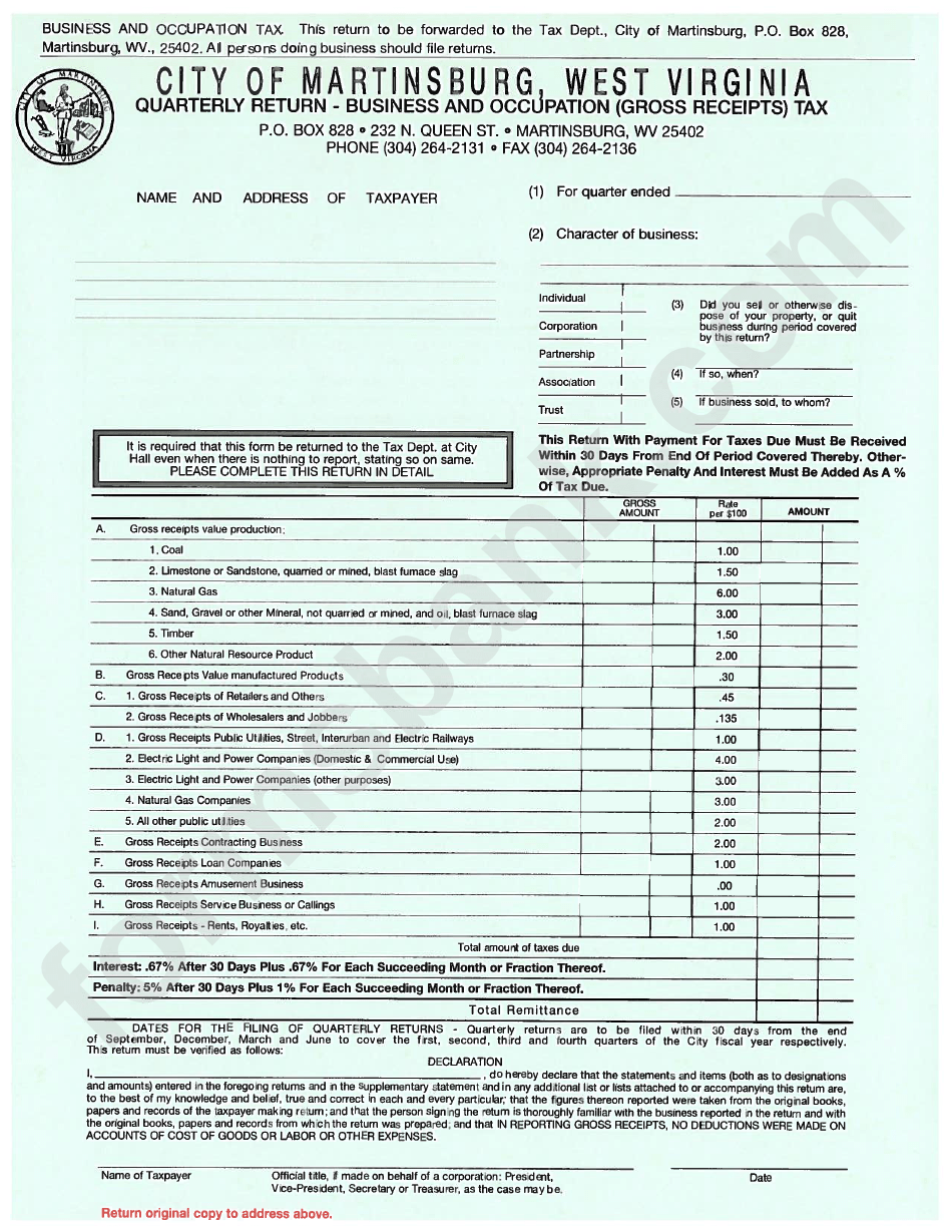 City Of Martinsburg Quarterly Return Business And Occupation Tax