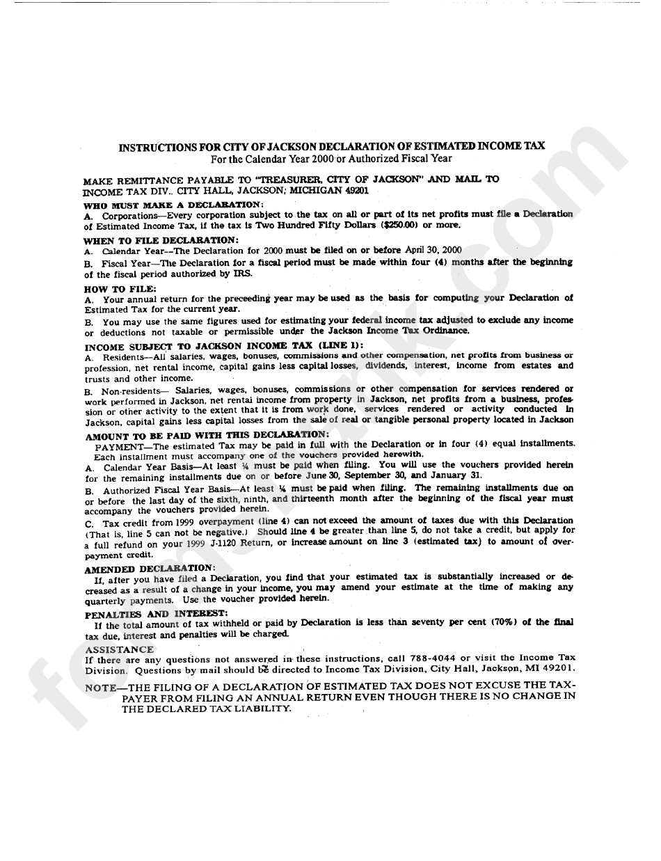 Instructions For City Of Jackson Declaration Of Estimated Tax