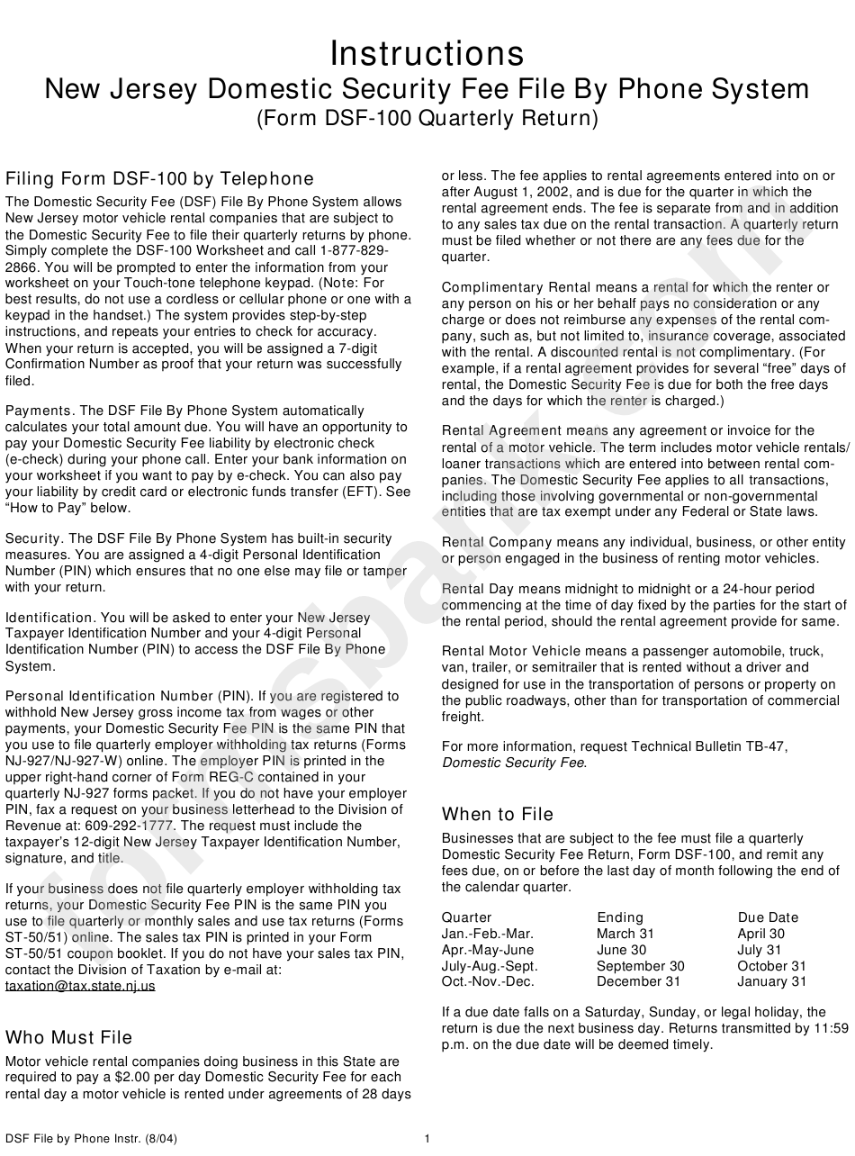Instructions For Form Form Dsf100 Quarterly Return New