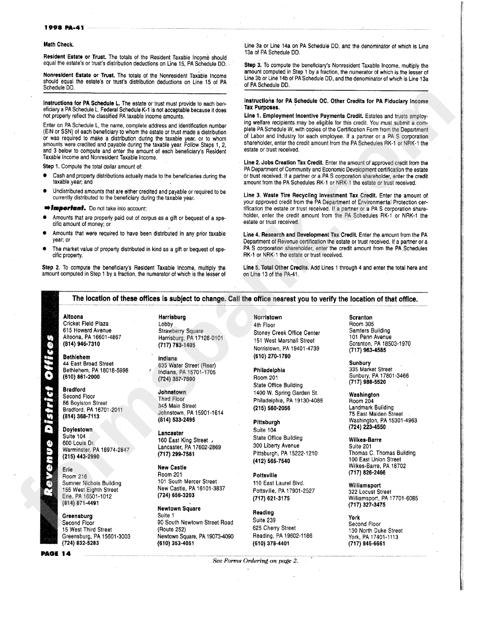 Instructions For Form Pa41 Pennsylvania Department Of Revenue 1998