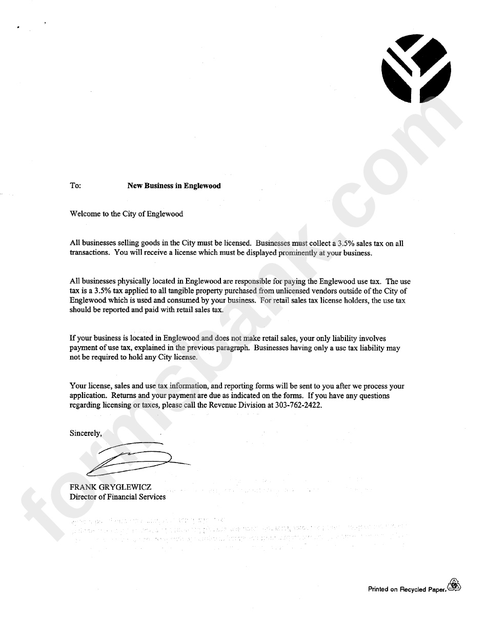 City Of Englewood Retail Sales And Use Tax Application Revenue Division printable pdf download