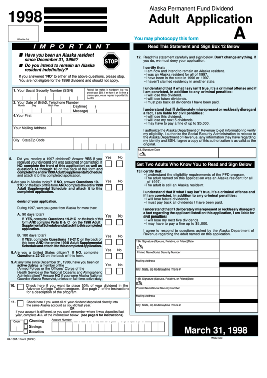 Fillable Form 04100a Adult Application Alaska Permanent Fund