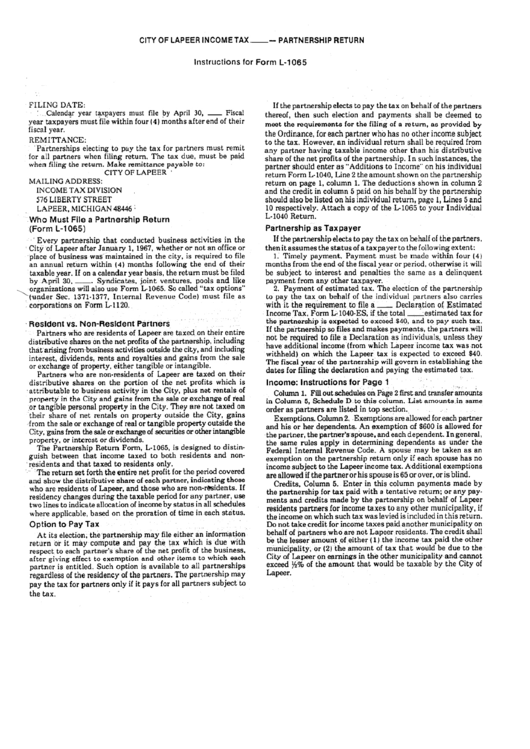Instructions For Form L1065 City Of Lapeer Tax Partnership