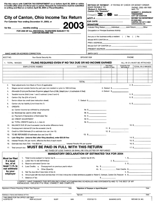 City Of Canton, Ohio Tax Return 2003 printable pdf download