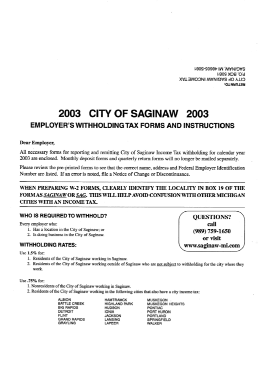 Instructions For City Of Saginaw Employer'S Withholding Tax 2003