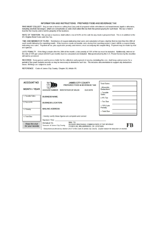 Prepared Food & Beverage Tax James City County, Virginia printable