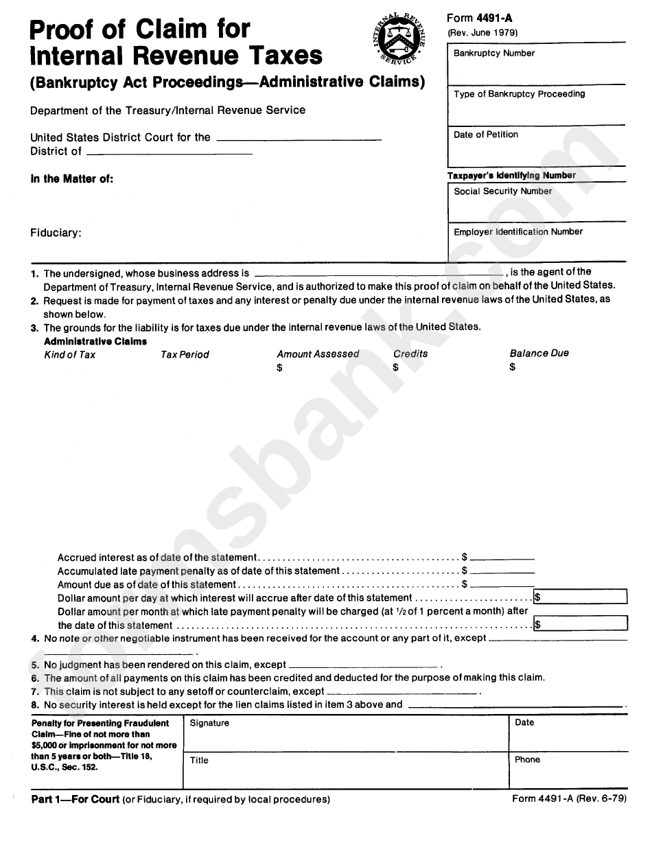 Form 4491A Proof Of Claim For Internal Revenue Taxes printable pdf