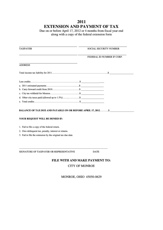 2011 Extension And Payment Of Tax City Of Monroe printable pdf download