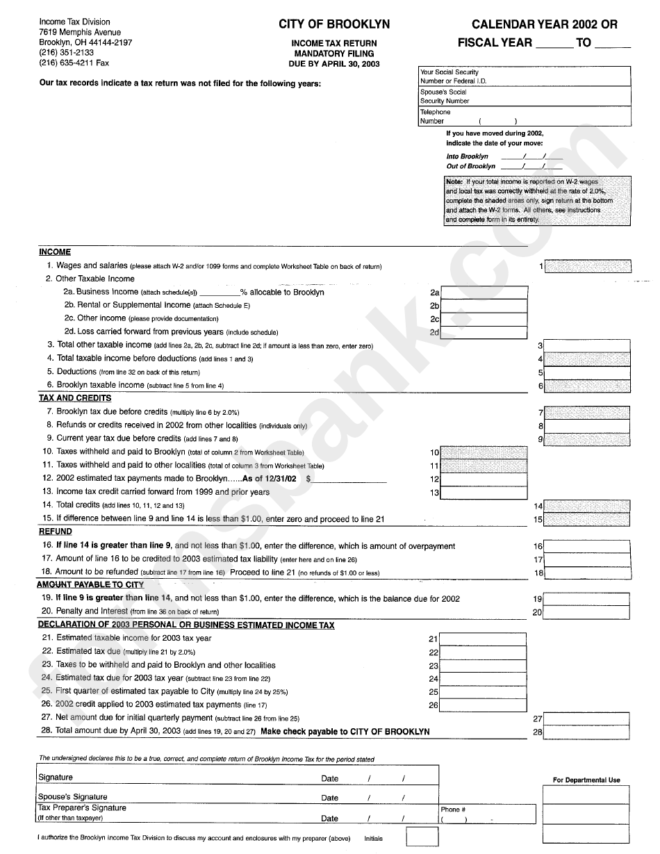 Tax Return 2002 City Of Brooklyn printable pdf download