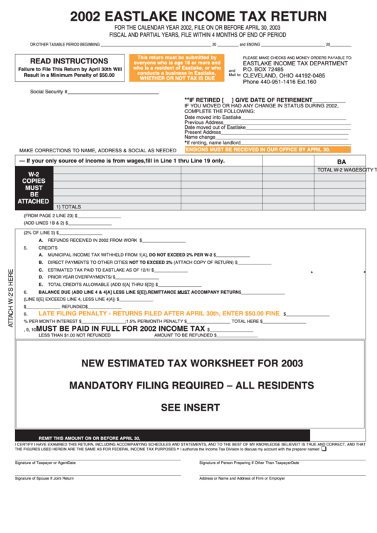 Tax Return Form Eastlake 2002 printable pdf download