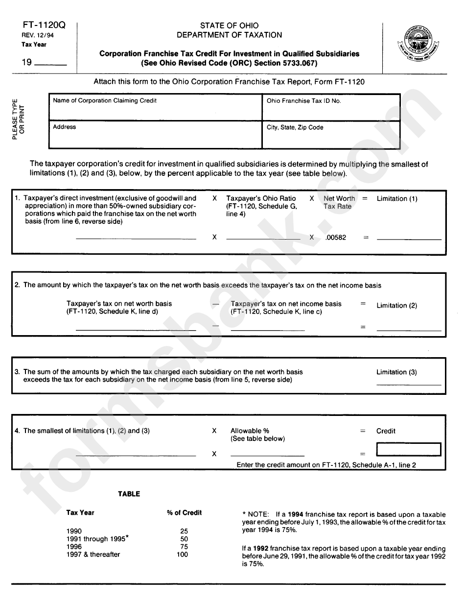 Fillable Form Ft1120q Corporation Franchise Tax Credit For