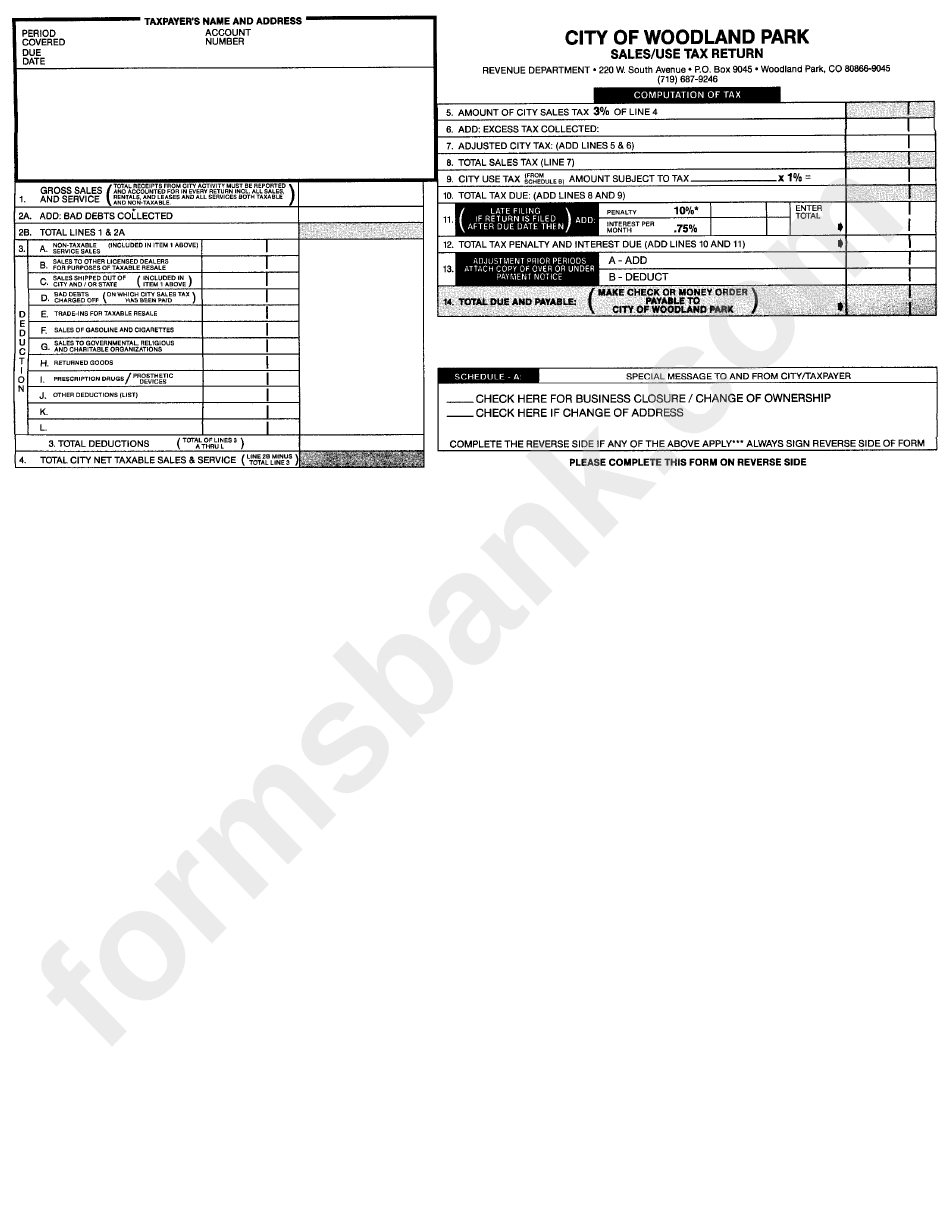 Sales/use Tax Return Form City Of Woodland Park printable pdf download