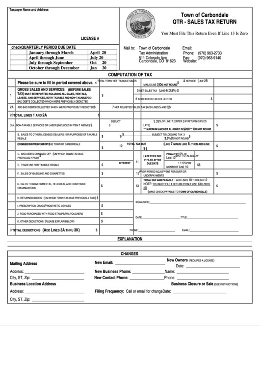 Qtr Sales Tax Return Form Town Of Carbondale printable pdf download