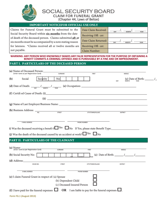 Fillable Form Fg.1 Claim For Funeral Grant Social Security Board