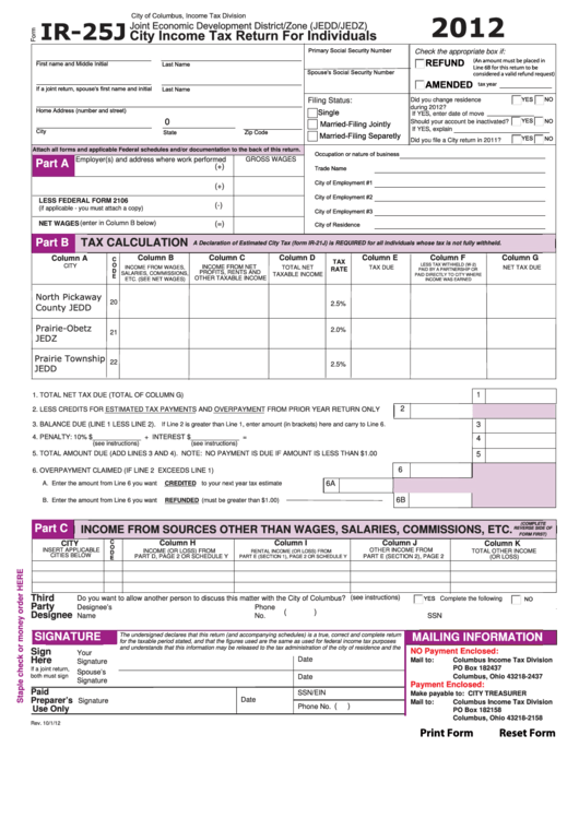 Fillable Form Ir25j City Tax Return For Individuals City Of