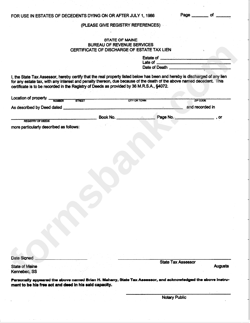 Fillable Certificate Of Discharge Of Estate Tax Lien Form 1986