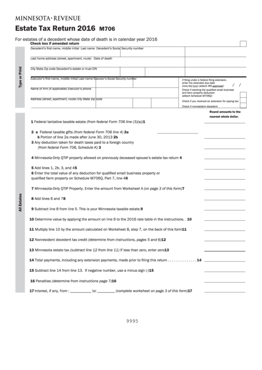 Fillable Form M706 Estate Tax Return 2016 printable pdf download
