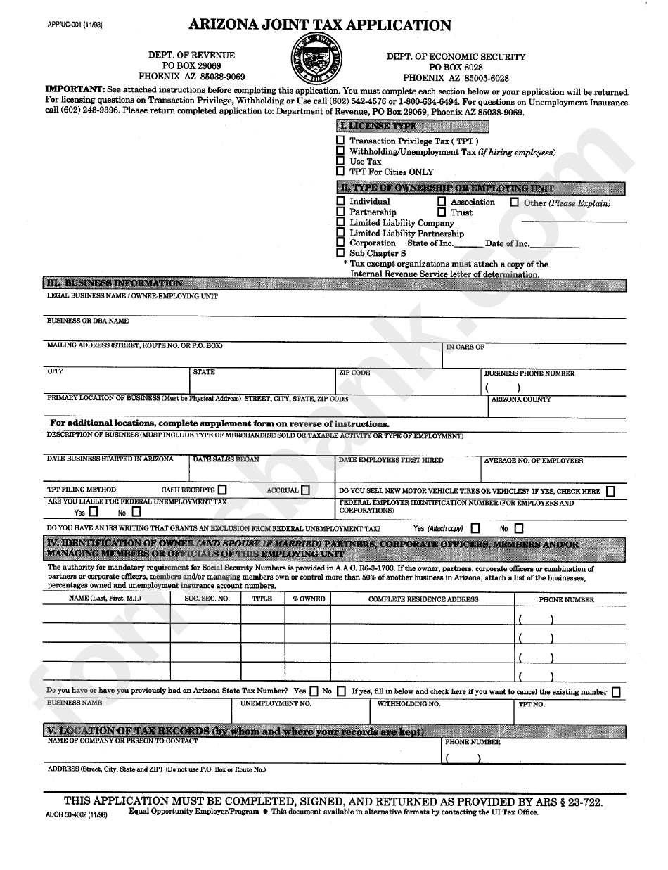 Form Ador 504002 Arizona Joint Tax Application printable pdf download