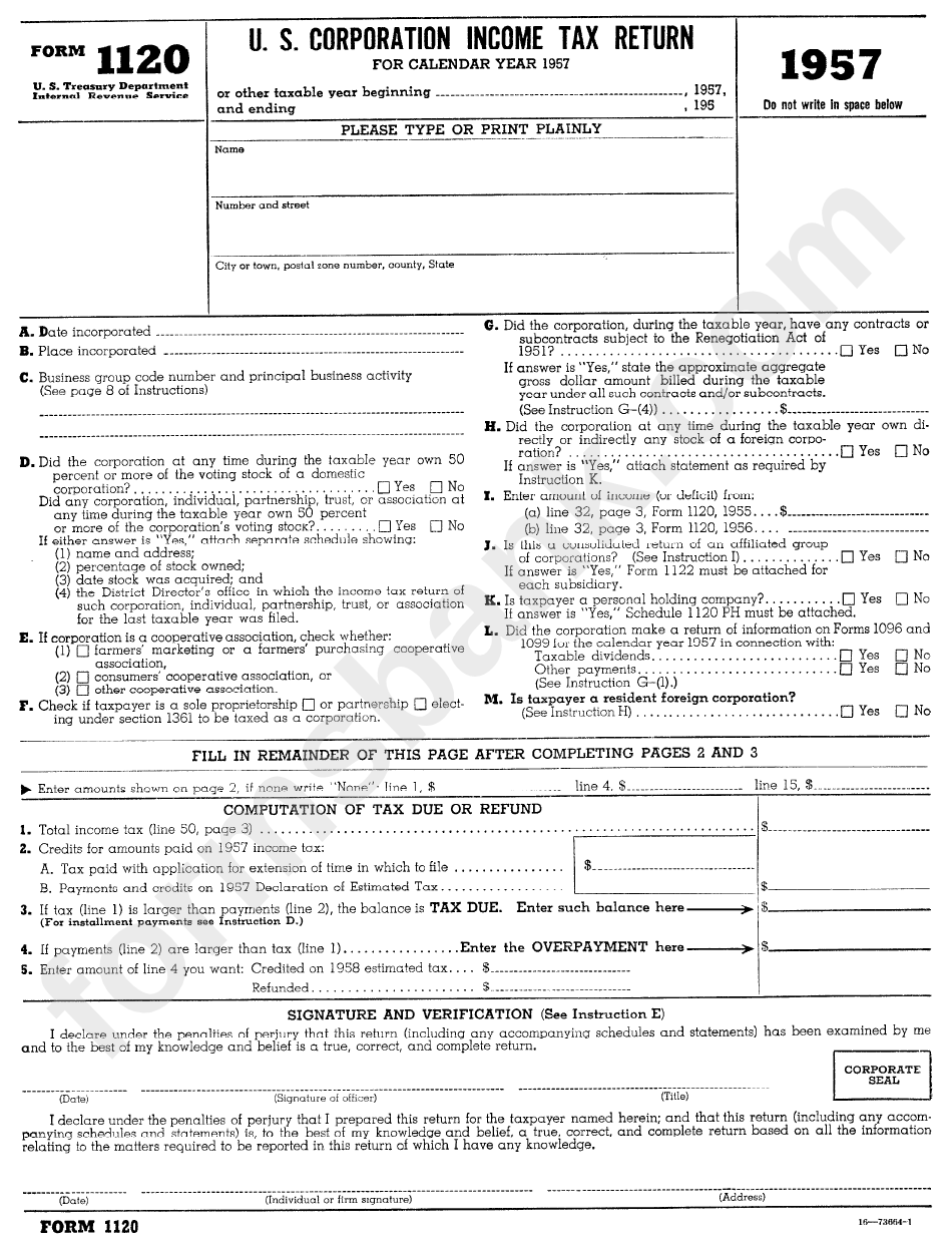 Form 1120 U.s. Corporation Tax Return 1957 printable pdf