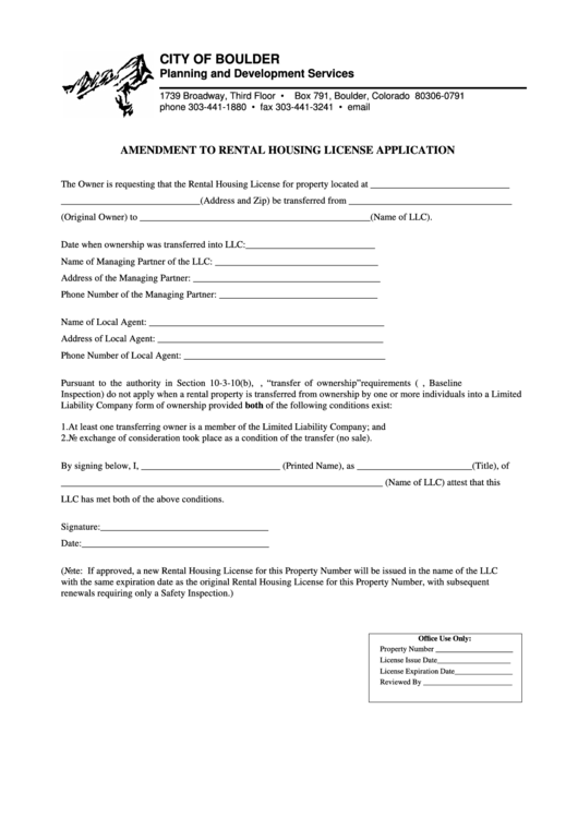 Fillable Amendment To Rental Housing License Application City Of
