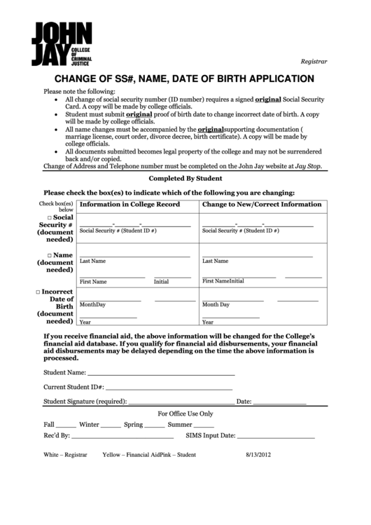 Fillable Change Of Ss, Name, Date Of Birth Application John Jay