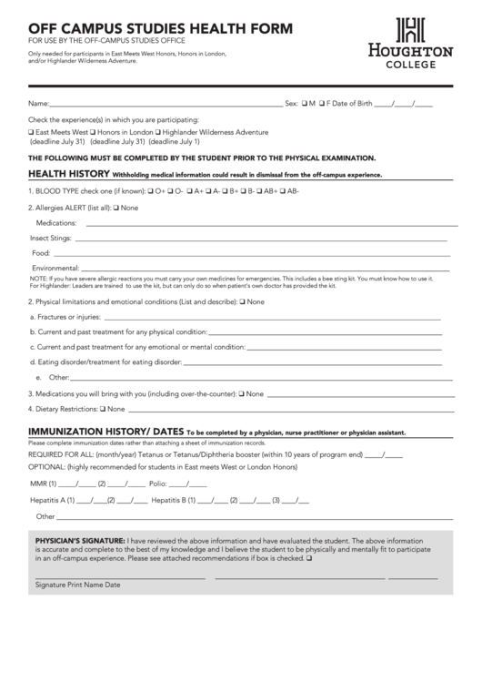 Off Campus Studies Health Form Houghton College printable pdf download