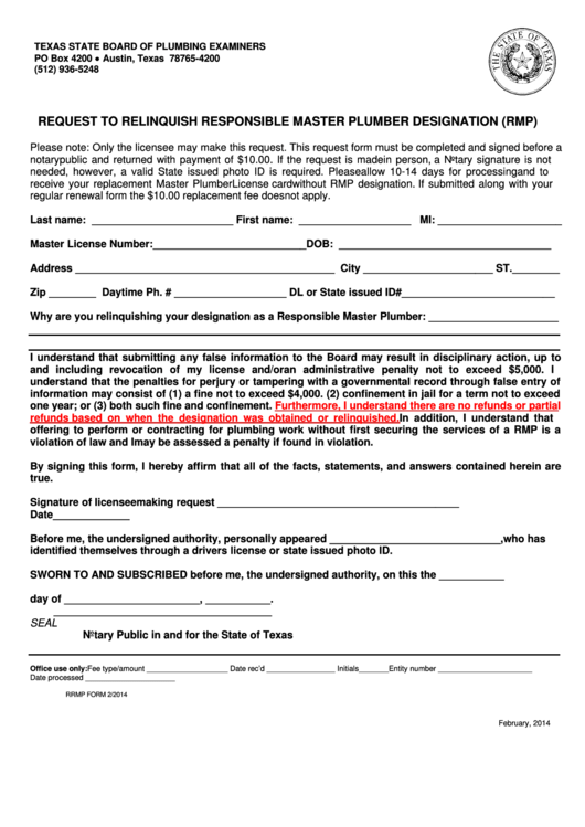 Request To Relinquish Responsible Master Plumber Designation (Rmp
