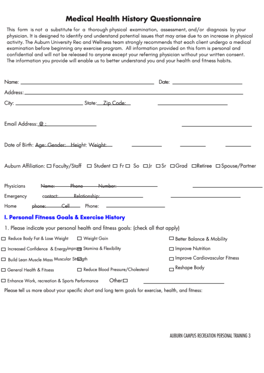 Fillable Medical Health History Questionnaire Auburn Campus
