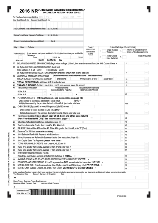 Fillable Form 20002 Delaware Individual NonResident Tax